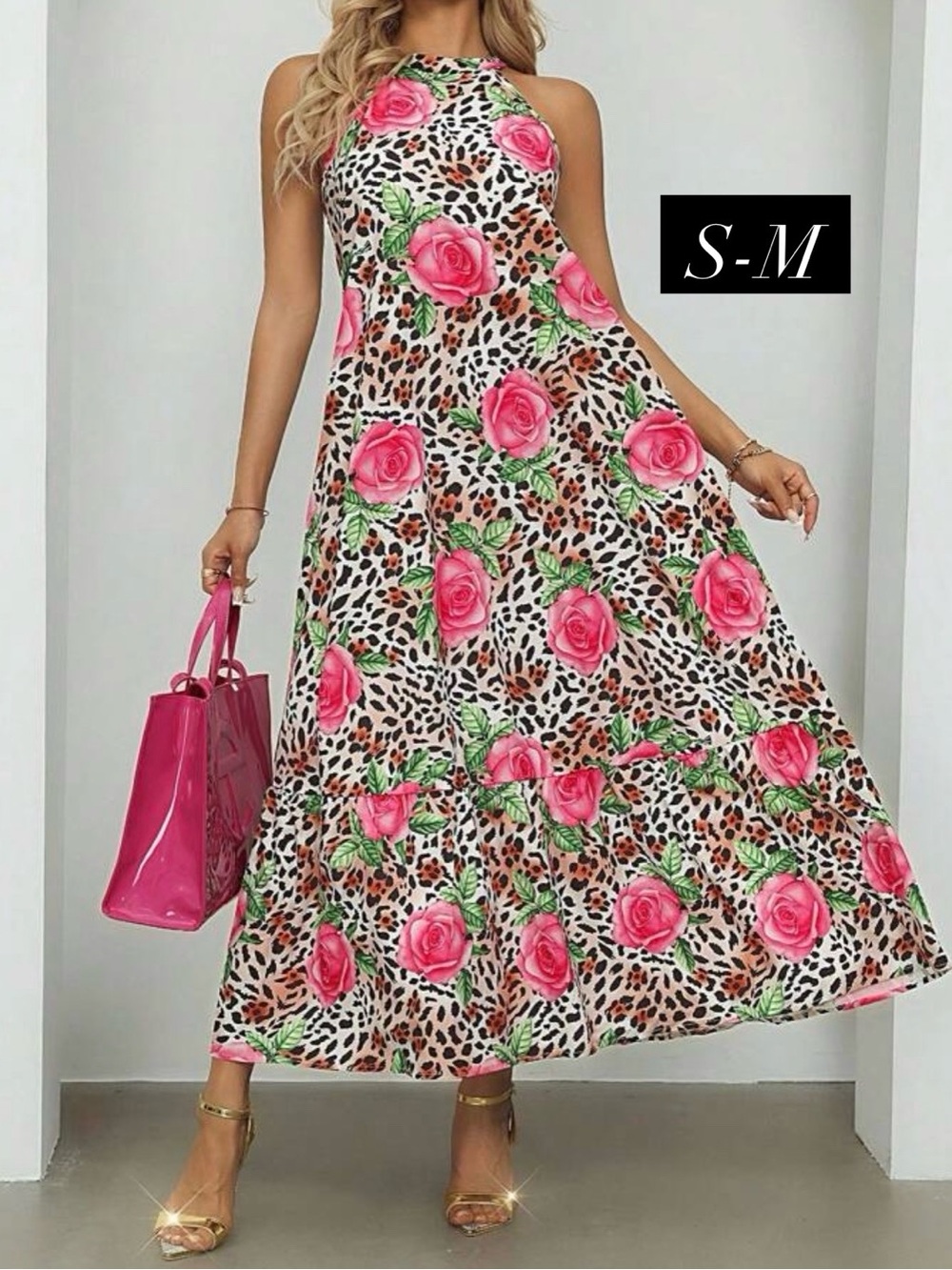 Sleeveless Pink Rose Print Maxi Dress